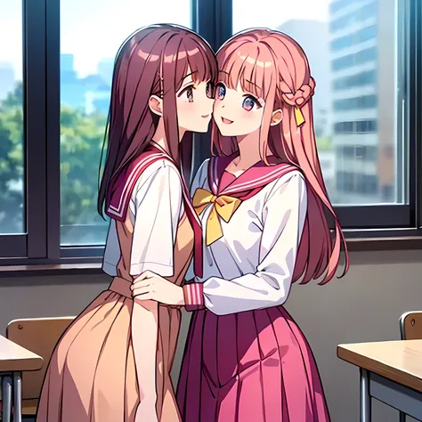highest quality, (masterpiece:1.2), Very detailed, ((Two sirens in the form of very beautiful girls are kissing)), (((Beautiful long, very shiny peach-colored hair))), She has a big yellow ribbon in her hair., ((Pink sailor suit)), ((Pink pleated skirt)), ...