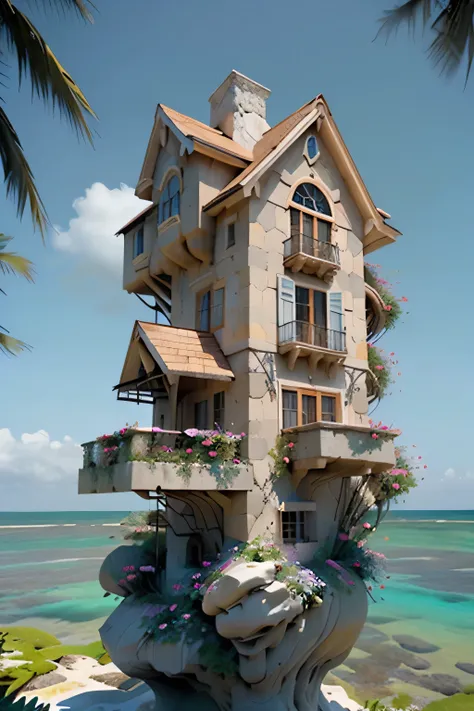 Perfection The Coolest tree house on a large rock in the middle of the sea with flowers in front of the house and trees on both sides of the house