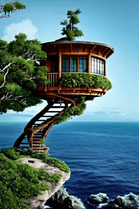 Perfection The Coolest tree house on a large rock in the middle of the sea with flowers in front of the house and trees on both sides of the house