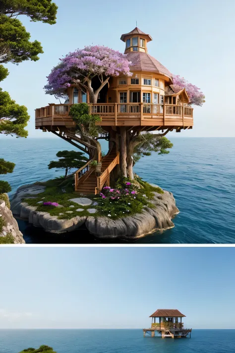 Perfection The Coolest tree house on a large rock in the middle of the sea with flowers in front of the house and trees on both sides of the house