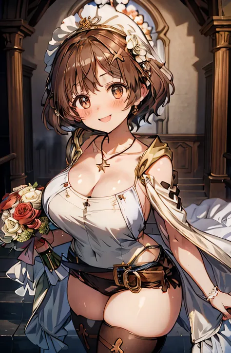 Anime illustration、Fantasy、highest quality、wedding style、Chapel with sunlight streaming in、Clear skies、bouquet、neat wedding dress、Perfect proportions、overwhelmingly big breasts、Very thick thighs、Beautiful, shining eyes、Blushed、smile、Cowboy Shot