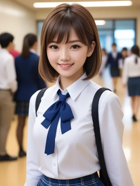 product quality, 1girl, upper body shot, front view, a Japanese young pretty girl, 18 years old, short hair, walking with a big smile on a crowded corridor in a high school, glamorous figure, busty, wearing a white collared shirt of long sleeves, dark blue...