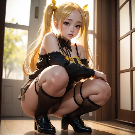 Blonde、Beautiful young woman、Twin tails、Yellow ribbon hair accessory、Squat、Black fishnet stockings、Sheer clothing、Exposed skin、Transparent panties、