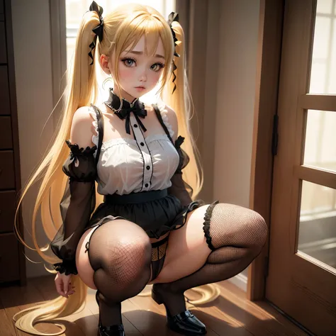 Blonde、Beautiful young woman、Twin tails、Yellow ribbon hair accessory、Squat、Black fishnet stockings、Sheer clothing、Exposed skin、Transparent panties、