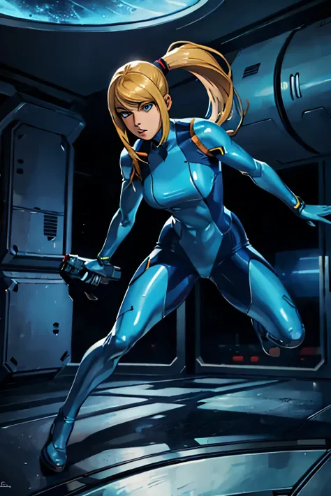 thick outlines, comics, photorealistic, 1girl, solo, full body shot, dynamic pose, samus, zero suit, blue eyes, ponytail, gun, inside of a spaceship, futuristic, detailed background, detailed face, detailed eyes, 