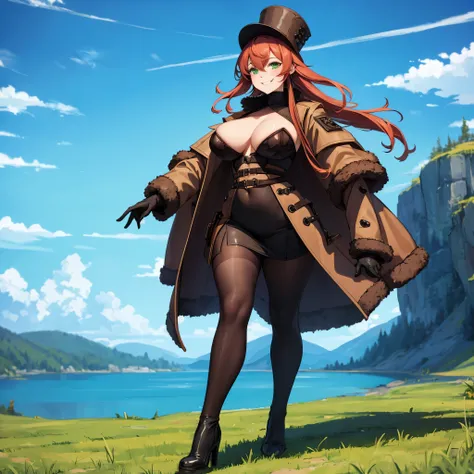 A woman wearing a long brown cold coat with black details, black tights, brown boots, long orange red hair, green eyes, wearing black gloves, black traditional Russian hat, big breasts, smiling, walking on high ground with yellow grass, a lake in the backg...