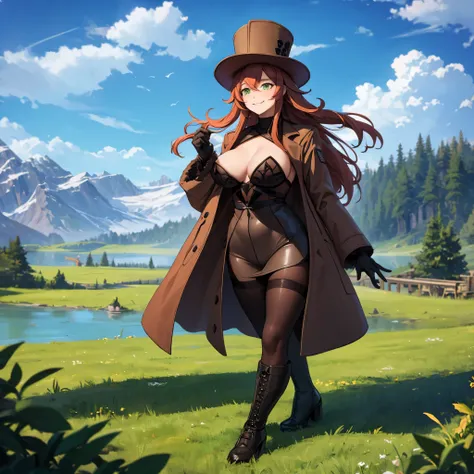 A woman wearing a long brown cold coat with black details, black tights, brown boots, long orange red hair, green eyes, wearing black gloves, black traditional Russian hat, big breasts, smiling, walking on high ground with yellow grass, a lake in the backg...