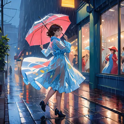 best quality, highres, ultra-detailed, realistic:1.37,a girl in a city at night,wearing made of transparent vinyl rain coat,holding an umbrella,((dancing in the rain like Singin in the Rain:1.8)),Close to cold colors,reduce saturation,((natural color:2.8))...