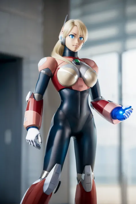 ultra detailed of a woman cyborg, 1girl, (natural skin texture, realistic eye details:1.2) alias_mega manx, alone, breasts, blue eyes, blonde hair, Android, long hair, robot ears, stand at attention, neutral stance, artwork, high quality, hypnotized, blank...