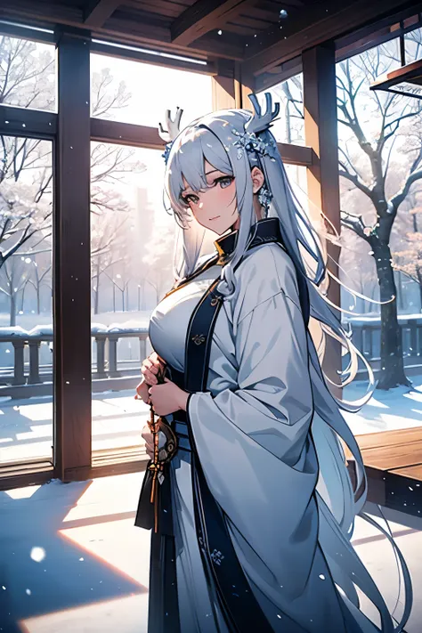 The ice and snow deer that comes leisurely, the pure white body realizes the ice and snow wonderland, Yan Jun becomes the wind, exhales white air in the transparent air, and the ethereal tree together forms a dreamy scene, high-quality CG portrays a magnif...