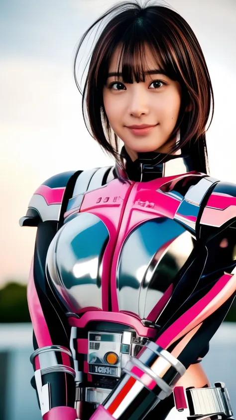 25 year old woman in a sexy pink and white shiny hero suit, highest quality, High resolution, 8k, One girl, (Huge breasts :1.5), Day, bright, Training Gym, (bangs,Black Hair,Medium Hair), Beautifully detailed skies, Soft lighting, Wind, Shiny skin, View yo...