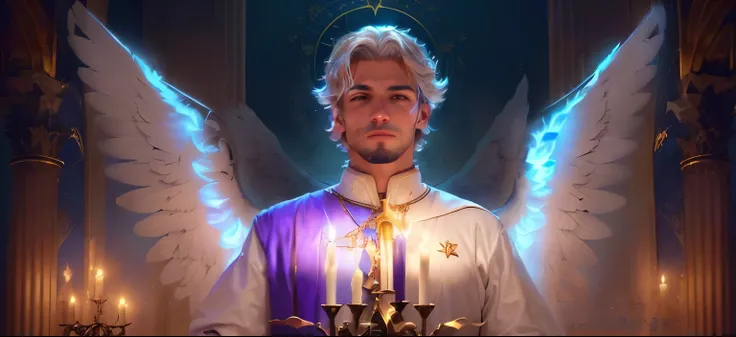 imagem arafada de um homem com asas de anjo segurando uma vela, cavalo michael (motor irreal, muscle contraction coil / jogador ludwig, photo of a male cleric, xqc, Lucifer, a estrela, jesus cristo em efeito de massa, Deus Imperador Biden, NPC with saint&#...