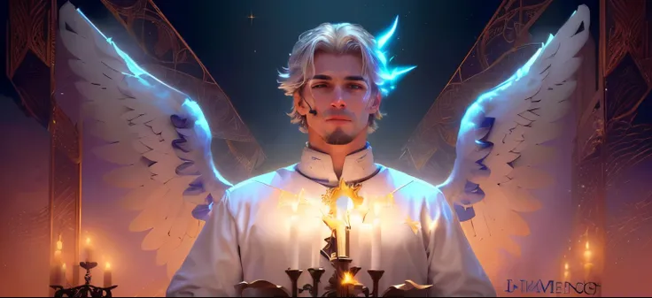 imagem arafada de um homem com asas de anjo segurando uma vela, cavalo michael (motor irreal, muscle contraction coil / jogador ludwig, photo of a male cleric, xqc, Lucifer, a estrela, jesus cristo em efeito de massa, Deus Imperador Biden, NPC with saint&#...