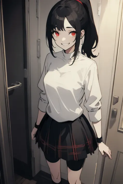 { masterpiece : best quality : high resolution : unity 8k wallpaper : illustration } { Background = inside dark room : } {Shiho Suzui : black hair, ponytail, shirt, plaid skirt, bike shorts, asymmetrical legwear, sneakers ) : perfect slender body : red eye...