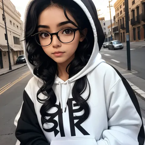 25 year old Mexican girl white skin long black curly hair round face wide nose narrow eyes thin eyebrows with glasses and a hoodie