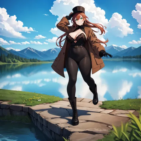 A woman wearing a long brown cold coat with black details, black tights, brown boots, long orange red hair, green eyes, wearing black gloves, black traditional Russian hat, big breasts, smiling, walking on high ground with yellow grass, a lake in the backg...