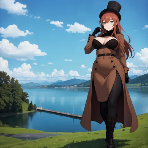 A woman wearing a long brown cold coat with black details, black tights, brown boots, long orange red hair, green eyes, wearing black gloves, black traditional Russian hat, big breasts, smiling, walking on high ground with yellow grass, a lake in the backg...