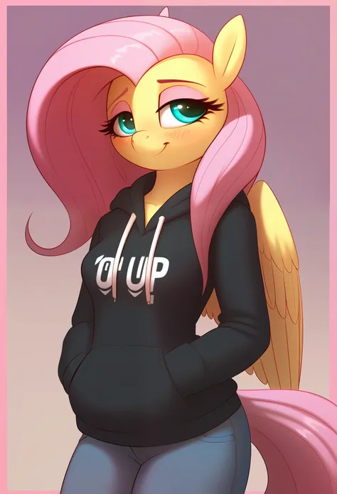 score_9, score_8_up, score_7_up BREAK fluttershy, pegasus, anthro, g4, blushing, border, fluttershy, clothes, denim, female, gradient background, hand in pocket, hoodie, jeans, lidded eyes, mare, pants, smiling, solo, nording