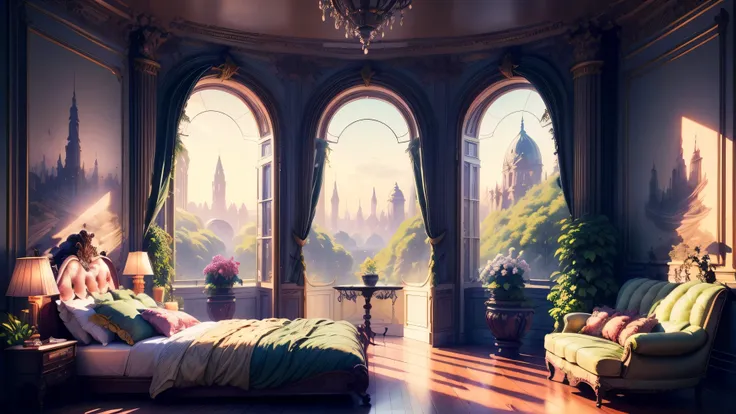 solarpunk dreamscape: the royal botanical sanctuary | generate an ornate botanical bedroom in the style of versailles in a solar...