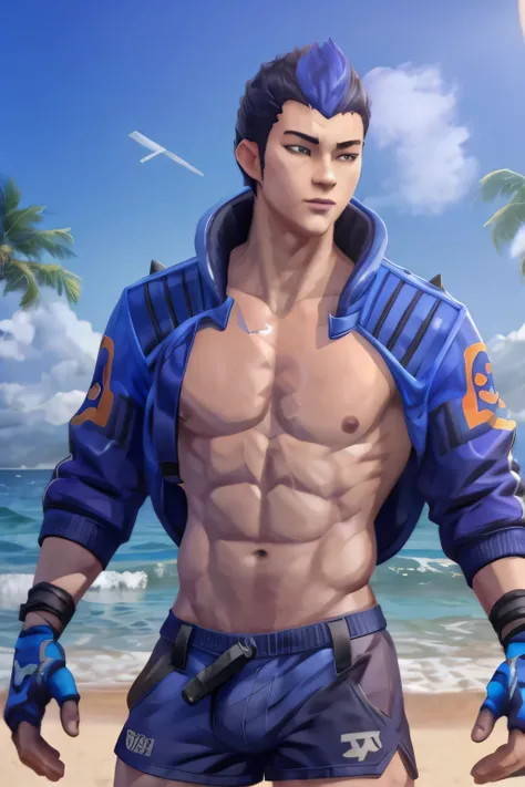 yoru valorant, shirtless, blue beach shorts, bulge outline, beach background 