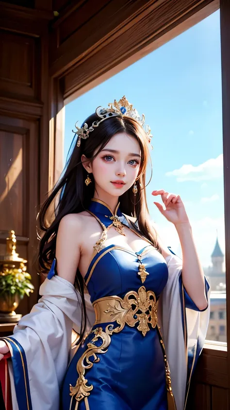 ((最high quality、masterpiece、Like the picture:1.4、In 8K))、Beautiful Woman And Dragon、18-year-old、Beautiful expression、Highly detailed eyes and face、Beautiful and fine details、（Luxury dress in medieval European style、Princess）、Luxury Accessories、（Princess an...