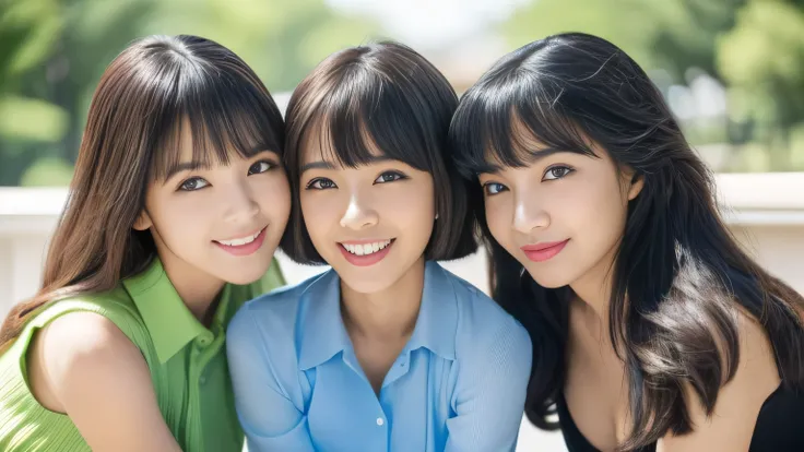 (((Front view of three close sisters posing together sitting on a park bench:1.3)))　highest quality, masterpiece, Familiar　Get used to it　Perfect Face　((The eldest daughter, 24 years old, is in the center.、Professionally applied sexy make-up　Lipstick is re...