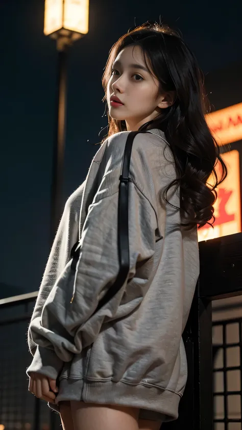 1girl, beautiful, wavy hair, almond eyes, no make up, grey sweatshirt, oversize_shirt, in front of fence, night city, cyberpunk vibes, close up, (from below:1.2), (photorealistic:1.2), (ultra realistic:1.3), (very detailed:1.1), ((masterpiece)),