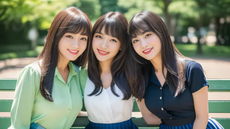 (((Front view of three close sisters posing together sitting on a park bench:1.3)))　highest quality, masterpiece, Familiar　Get used to it　Perfect Face　((The eldest daughter, 24 years old, is in the center.、Professionally applied sexy make-up　Lipstick is re...