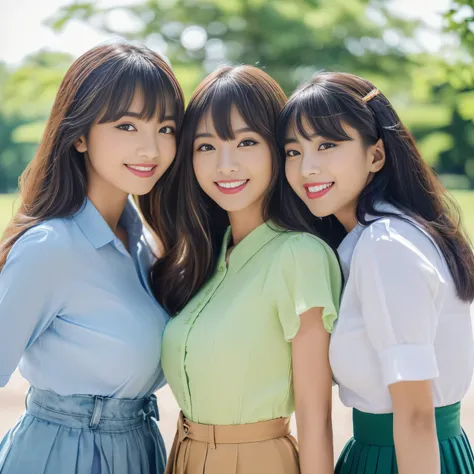 (((A frontal shot of three close sisters posing together for a photo in a park:1.3)))　highest quality, masterpiece, Familiar　Get used to it　Perfect Face　((The eldest daughter, 24 years old, is in the center.、Professionally applied sexy make-up　Lipstick is ...