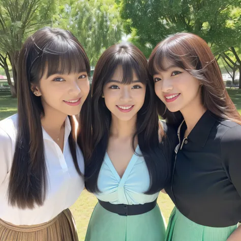 (((A frontal shot of three close sisters posing together for a photo in a park:1.3)))　highest quality, masterpiece, Familiar　Get used to it　Perfect Face　((central:1.The eldest daughter of No. 2, 24, is、Professionally applied sexy make-up　Lipstick is red:1....