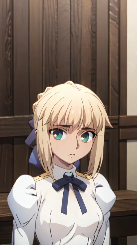 best quality, masterpiece, highres, solo, (saber_fatestaynightufotable:1.10), 1girl, white shirt, style parody, neck ribbon, anime coloring, upper body, looking at viewer, anime_style, 9