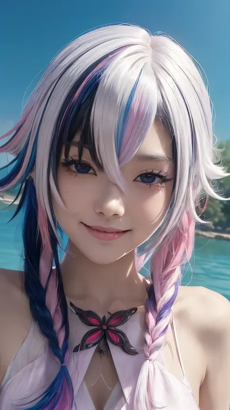 (Pink Fashion T-shirt:1.9),Clean background,White hair,Black Hair,Colorful Hair,short hair,Straight Hair,Long braids,发Light的红眼睛,Red X pupil,(draw an ing:1.6),street、灯Light、Exquisite makeup、Shut up、(Super huge tits)、Long eyelashes、Pink off-the-shoulder shir...