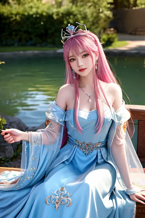 realisticity: 1.2), best quality, masterpiece, highres, super detail, ultra detail, cg, 1girl, queen, weapon, sword, long hair, dress, water, solo, jewelry, yellow dress, wearing a very beautiful dress, wearing a very beautiful crown, earrings, hair orname...