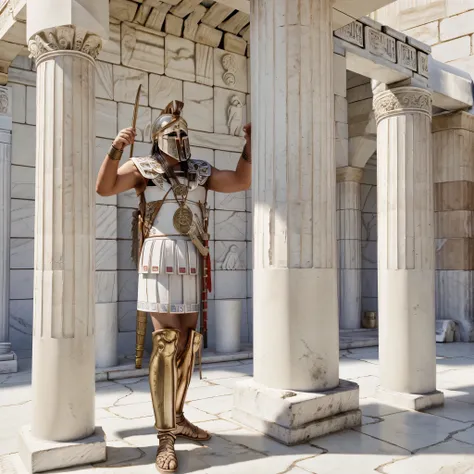 an ancient Greek warrior wearing sca chest armor, metal bracelet, Corinthian helmet, holding an ancient Greek sword and shield, metal boots, white ancient Greek clothing, holding an ancient Greek sword, ancient Greek round shield, full body, standing on a ...