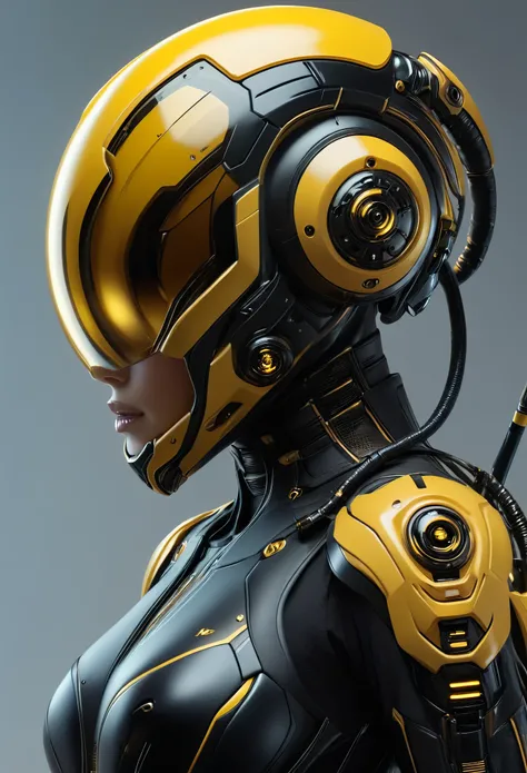 (Best Quality, 4K, 8K, High Definition, Masterpiece:1.2), (Ultra Detailed, Realistic, Photorealistic:1.37),A terrifying female combat android combined with a human female and a hornet, A full-face helmet shaped like a wasps face, featuring yellow and black...