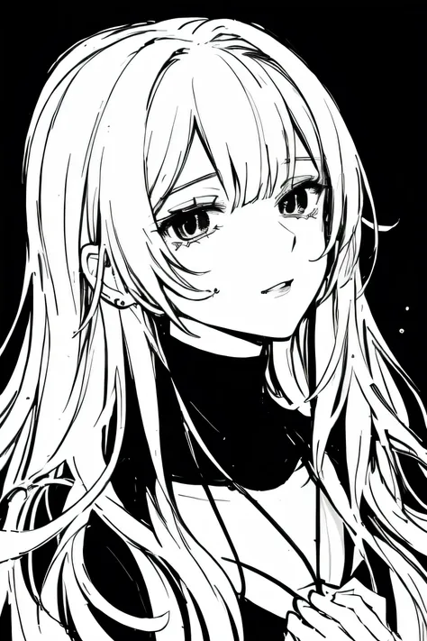 sketch by nty,  black background, woman,black and white aesthethic girl anime pfp