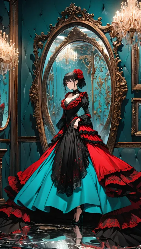 best quality, super fine, 16k, incredibly absurdres, extremely detailed, delicate and bold, a work of art, A beautiful woman wearing a red and black flamenco costume is reflected in a cracked mirror that radiates out from the center of the mirror, Tiffany ...