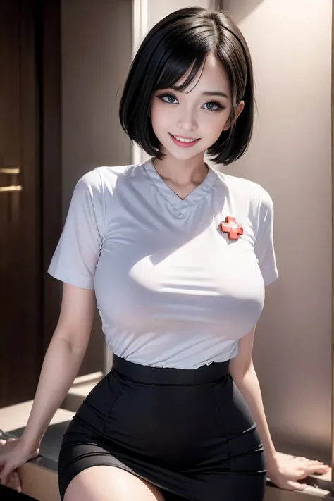 (3 Ultimate Beauty Nurses)、{{{masterpiece}}}， {Oh oh oh, Oh, really：1.2}， best quality， Official Art， Highly detailed CG Unity 8k wallpaper， Very rich facial details、Delicate lips、Delicate eyes、Double eyelids、((Black Bob Hair))、(Nurse:1.3)、(Attractive figu...