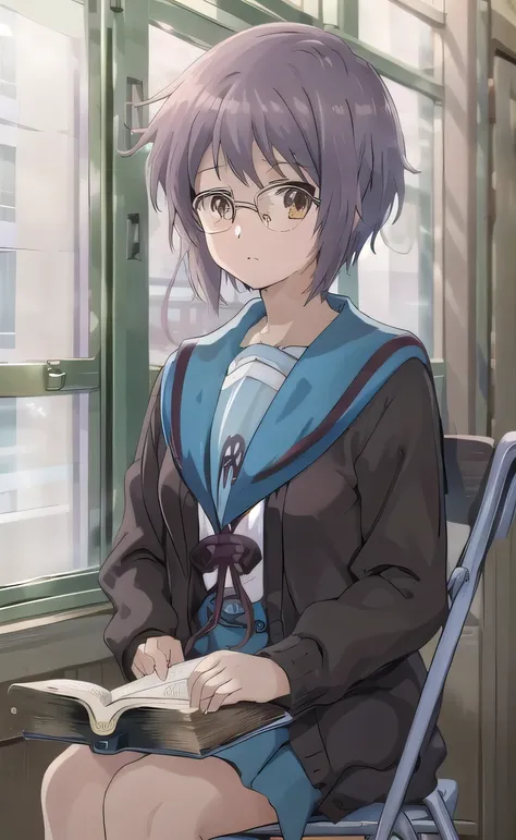 ((masterpiece)), best quality, high resolution, cowboy shot, anime coloring, kyoani haruhi style, kyoani haruhi style, 1girl, solo, yuki nagato, short hair, blue sailor collar, sailor collar, serafuku, cardigan, purple hair, bangs, brown eyes, (((black fra...