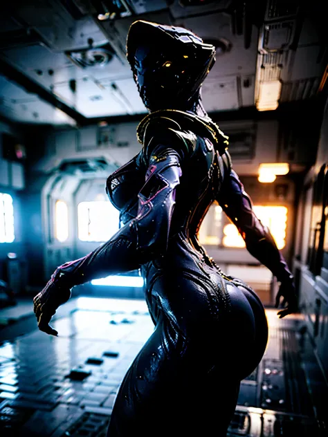 (space, space station, warframe, medium breasts, puffy, slender , slim curvy, ass,) ghostly, mist, rain,wet skin, reflections, c...