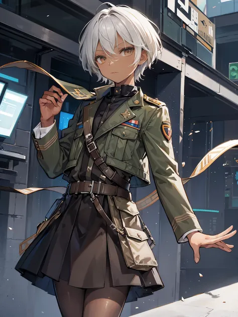 a boy, Military jacket, grey hair, short hair, brown eyes, idol costume, dress, ((dark skin))