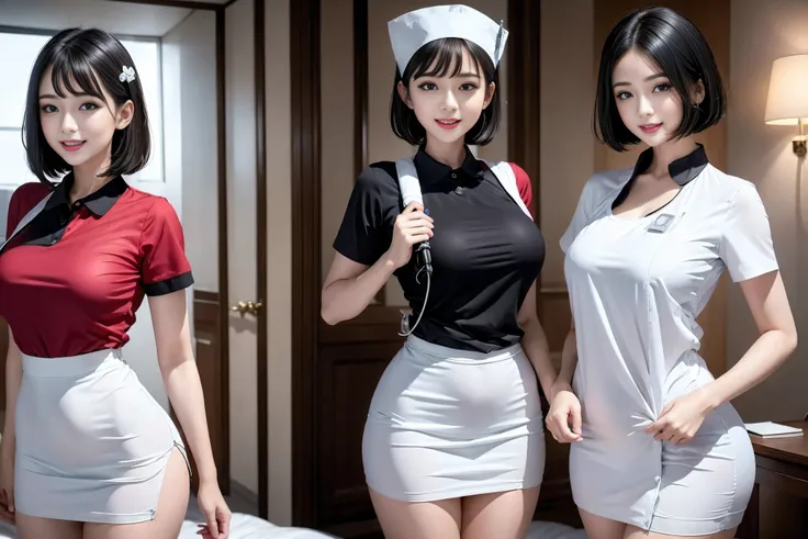 (3 Ultimate Beauty Nurses)、{{{masterpiece}}}， {Oh oh oh, Oh, really：1.2}， best quality， Official Art， Highly detailed CG Unity 8k wallpaper， Very rich facial details、Delicate lips、Delicate eyes、Double eyelids、((Black Bob Hair))、(Nurse:1.3)、(Attractive figu...