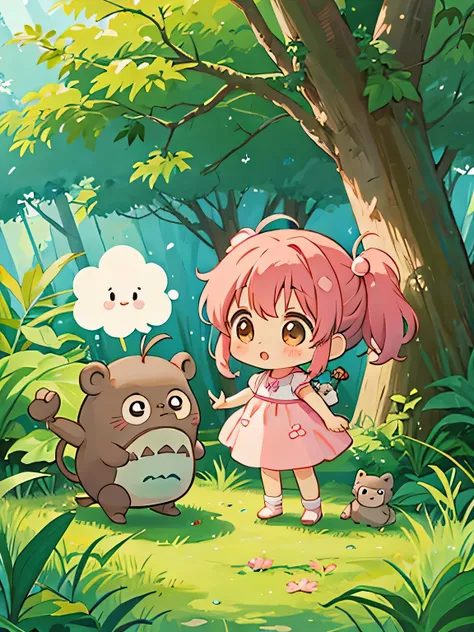 Momoko Sakura style, Kawaii Design, The most beautiful girl of all time、Chibi, monkey, play together、Totoro Forest