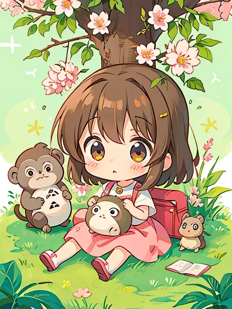 Momoko Sakura style, Kawaii Design, The most beautiful girl of all time、Chibi, monkey, play together、Totoro Forest