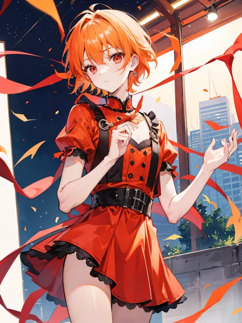 a boy, light orange hair, male short hair, red eyes, idol costume, dress, 