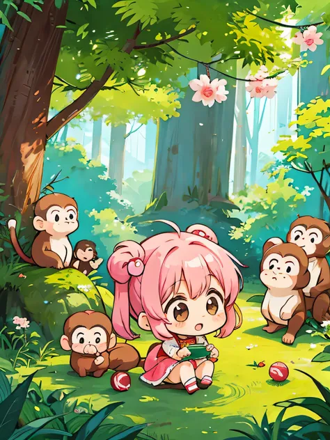 Momoko Sakura style, Kawaii Design, The most beautiful girl of all time、Chibi, monkey, play together、monkey Forest