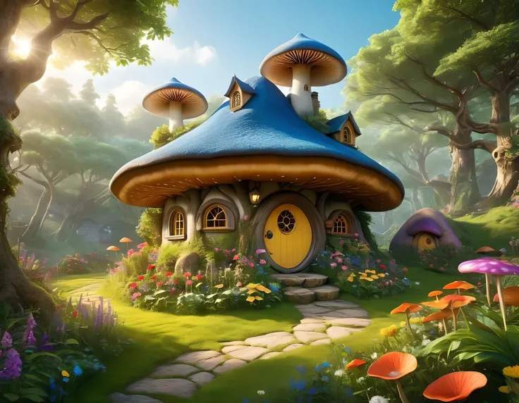 (Mysterious fantasy forest，Dense trees，A strange and cute little tree:1.5)，Hobbit Cottage, vividly depicted in the work (best quality, 8k, Advanced Solutions, masterpiece: 1.2), With super detailed details， (1.4 倍Reality, Reality: 1.37). This dreamy forest...