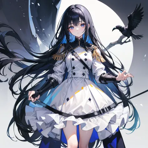 girl,Long Black Hair, The inside of the hair is blue、Iris,White coat,uniform、masterpiece, highest quality, Super detailed, Downcast eyes,Tabletop, highest quality), (Perfect athletic body:1.2),8K High Resolution, Trend Art Station, White Background, Standi...