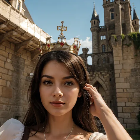 in the castle background, vintage, flying shiny crown with no wings