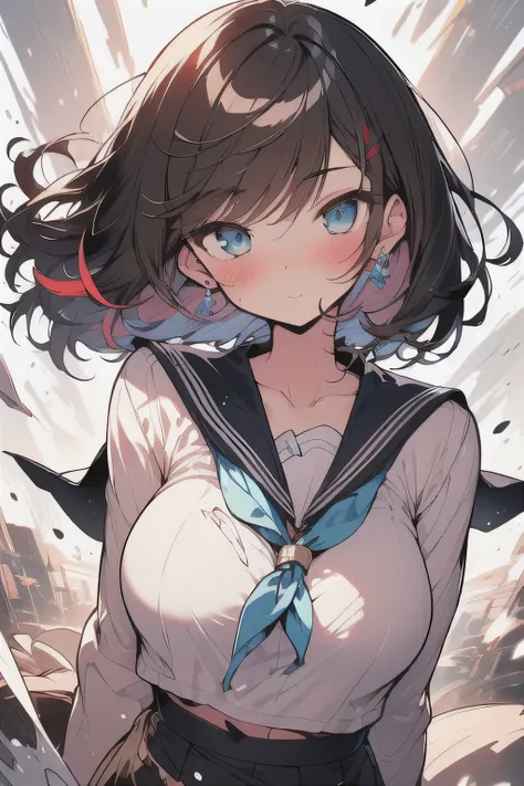 (best quality), (Super detailed), (Best Illustration), (masterpiece), (woman), {(white serafuku:1.2)}, torn clothes, (large breasts:1.2), {brown hair, (sideburns), (bob cut:1.3), curly hair, hairs between eyes, colored inner hair}, {(detailed eyes), blue e...